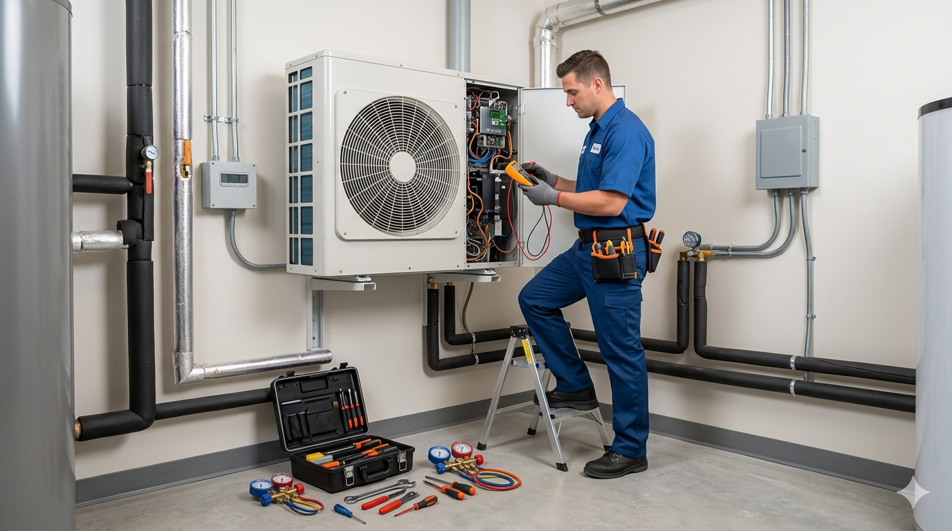 Technicien certifi&eacute; r&eacute;alisant l'entretien d'une pompe &agrave; chaleur
