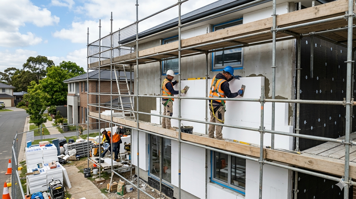 Artisans posant des panneaux d'isolation sur fa&ccedil;ade - ITE